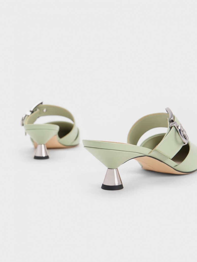 Charles And Keith Asymmetric Buckle Heeled Mules Mint | PHILIPPINES R305