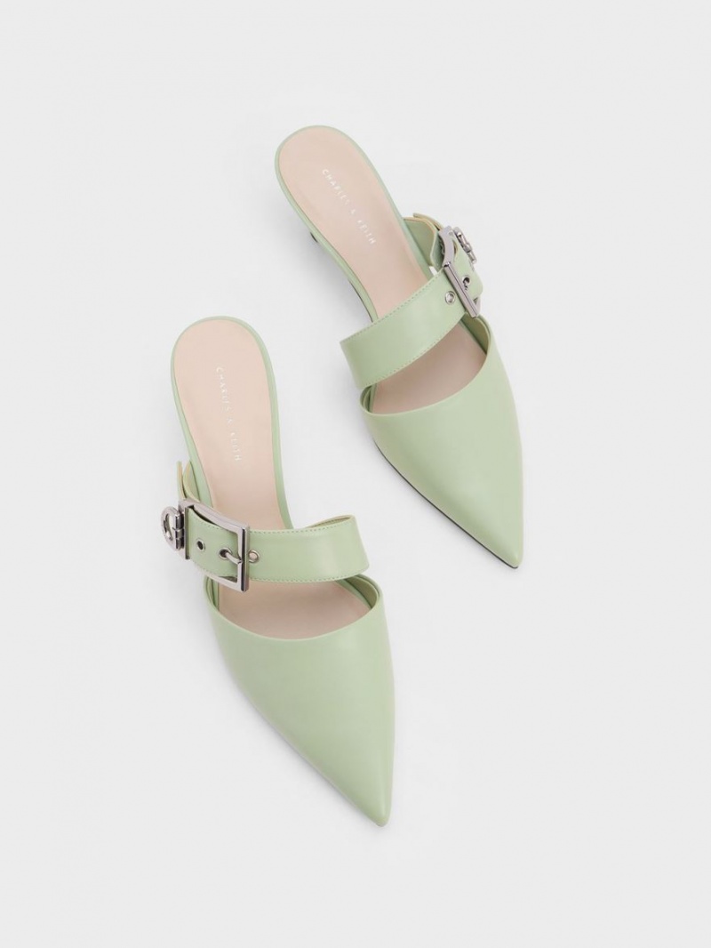 Charles And Keith Asymmetric Buckle Heeled Mules Mint | PHILIPPINES R305