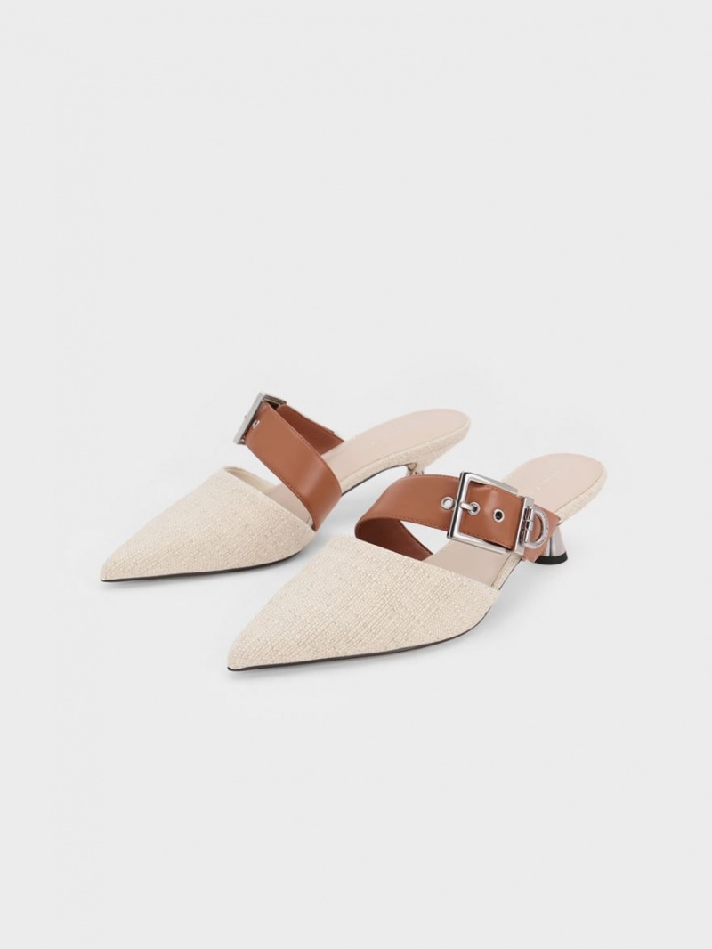 Charles And Keith Asymmetric Buckle Linen Heeled Mules Beige | PHILIPPINES S951