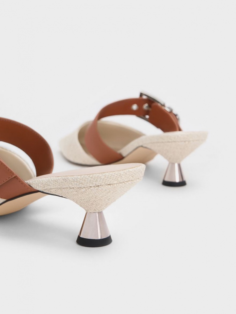 Charles And Keith Asymmetric Buckle Linen Heeled Mules Beige | PHILIPPINES S951