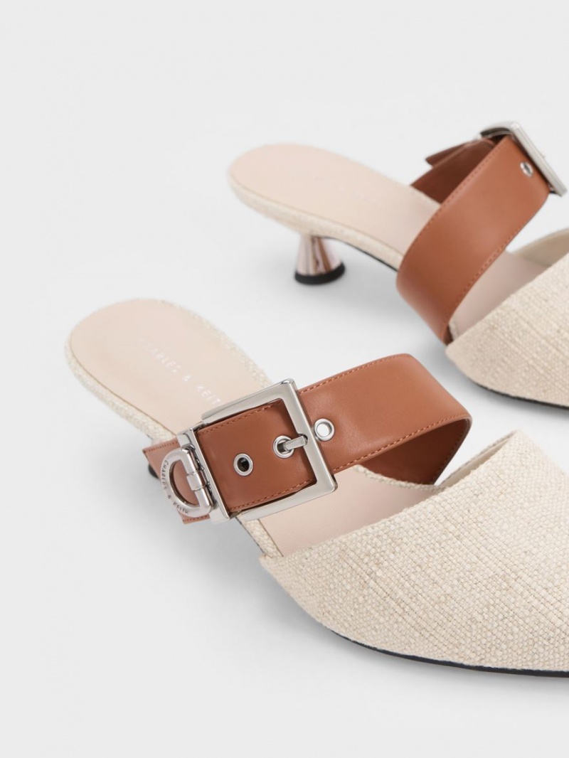 Charles And Keith Asymmetric Buckle Linen Heeled Mules Beige | PHILIPPINES S951