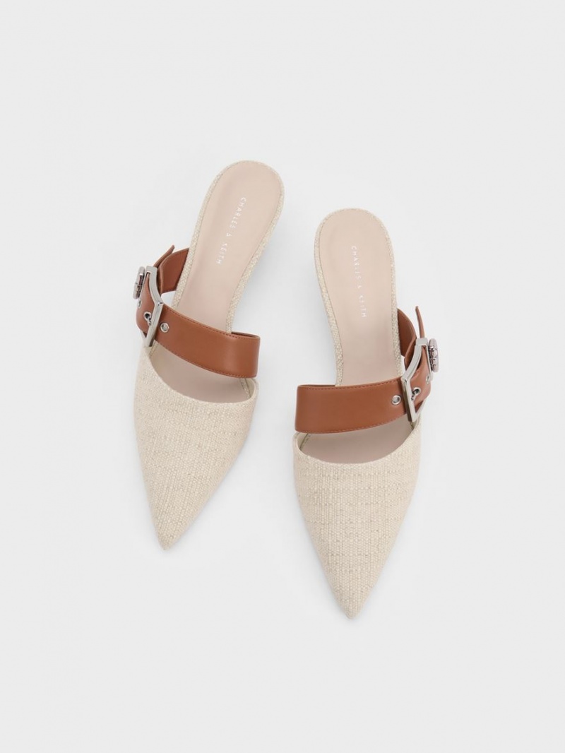 Charles And Keith Asymmetric Buckle Linen Heeled Mules Beige | PHILIPPINES S951