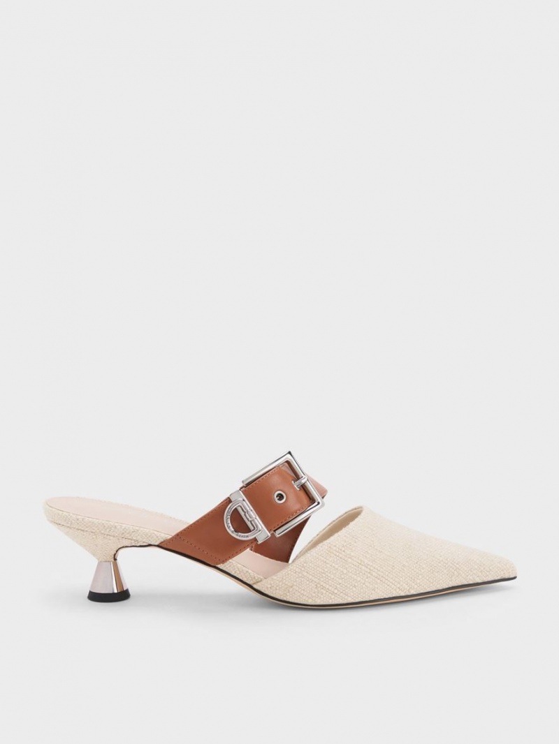 Charles And Keith Asymmetric Buckle Linen Heeled Mules Beige | PHILIPPINES S951