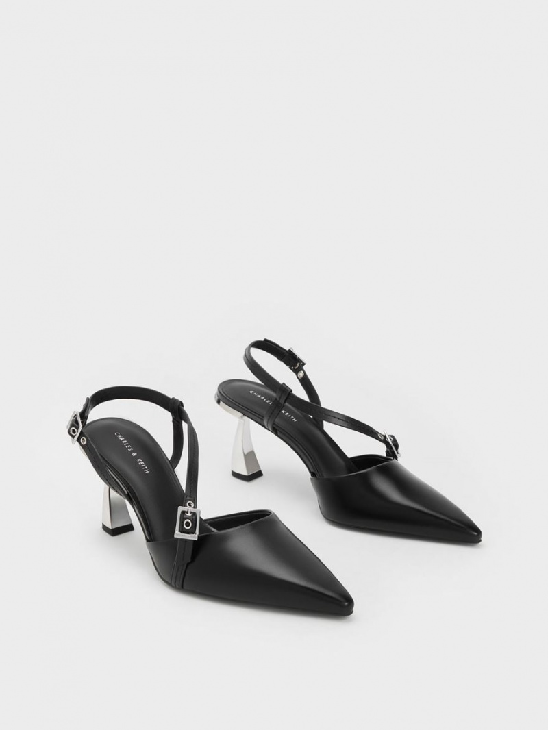 Charles And Keith Asymmetric Curved Heel Slingback Pumps Black | PHILIPPINES N860