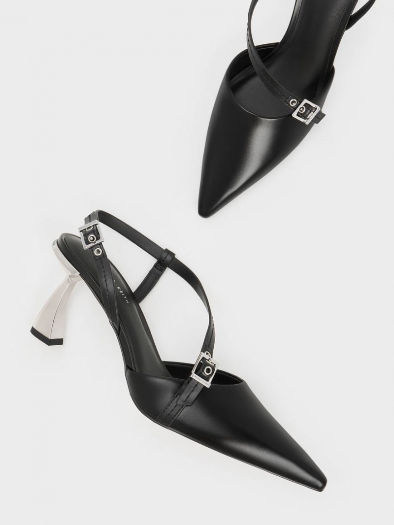 Charles And Keith Asymmetric Curved Heel Slingback Pumps Black | PHILIPPINES N860