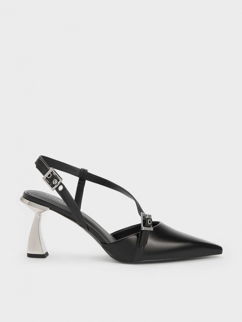 Charles And Keith Asymmetric Curved Heel Slingback Pumps Black | PHILIPPINES N860