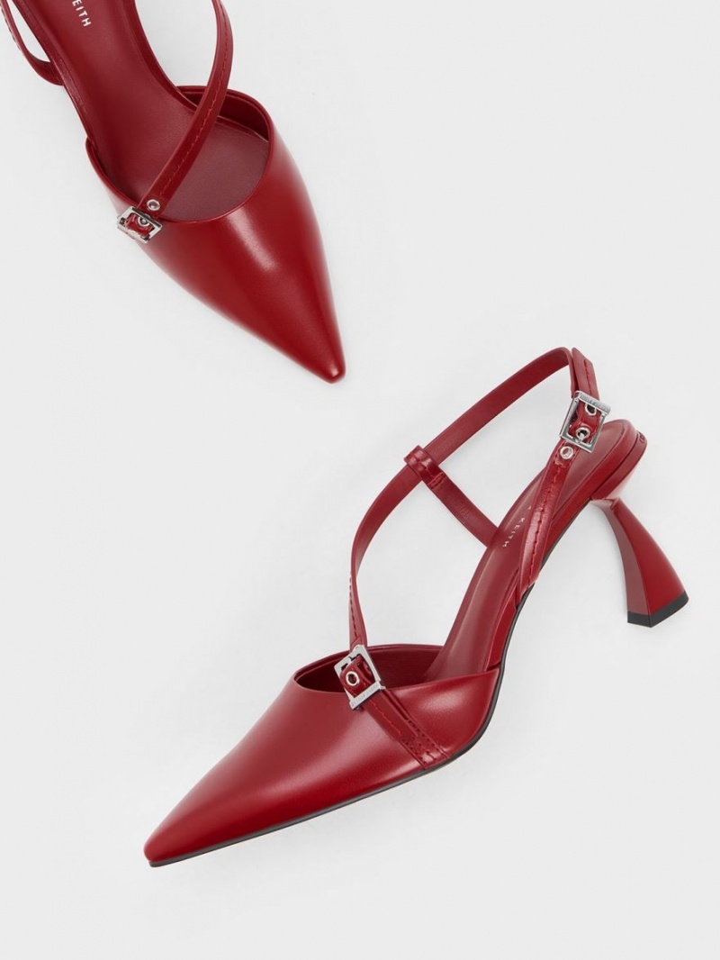 Charles And Keith Asymmetric Curved Heel Slingback Pumps Red | PHILIPPINES Z903