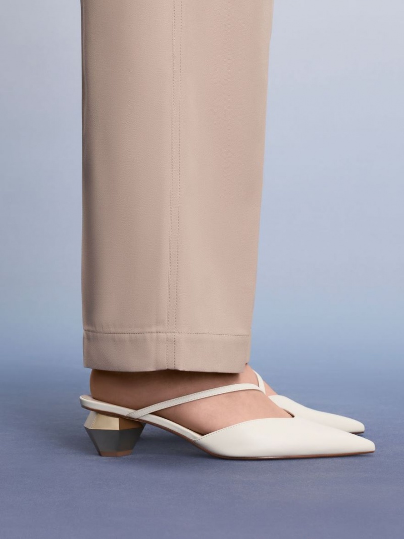 Charles And Keith Asymmetric Strap Chrome Heel Mules White | PHILIPPINES I793