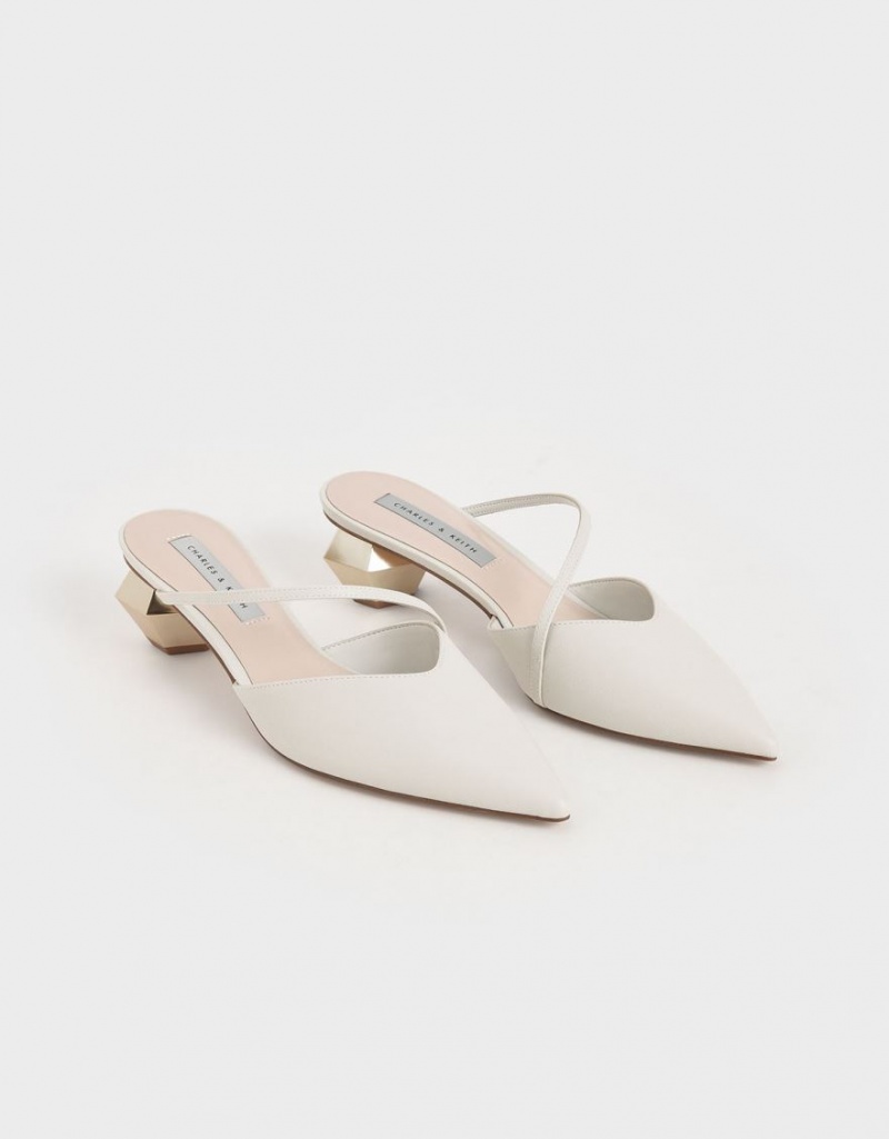 Charles And Keith Asymmetric Strap Chrome Heel Mules White | PHILIPPINES I793