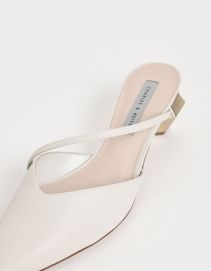 Charles And Keith Asymmetric Strap Chrome Heel Mules White | PHILIPPINES I793