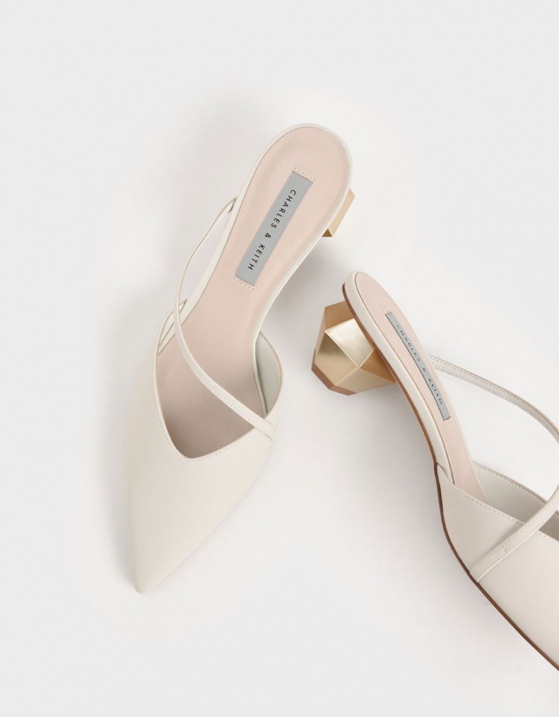 Charles And Keith Asymmetric Strap Chrome Heel Mules White | PHILIPPINES I793