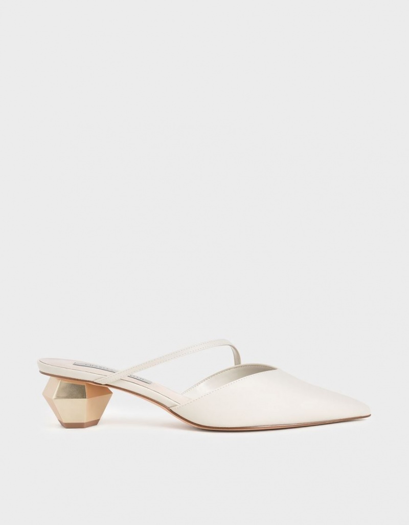 Charles And Keith Asymmetric Strap Chrome Heel Mules White | PHILIPPINES I793