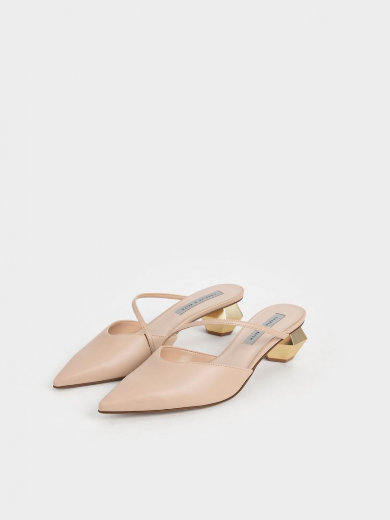 Charles And Keith Asymmetric Strap Chrome Heel Mules Light Pink | PHILIPPINES Z140