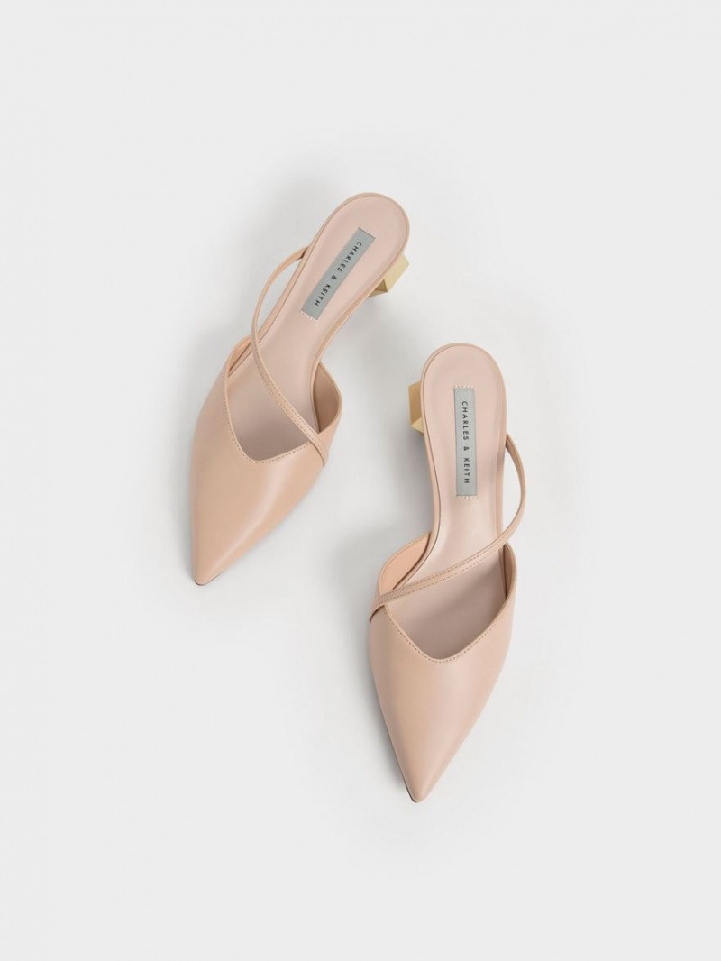 Charles And Keith Asymmetric Strap Chrome Heel Mules Light Pink | PHILIPPINES Z140