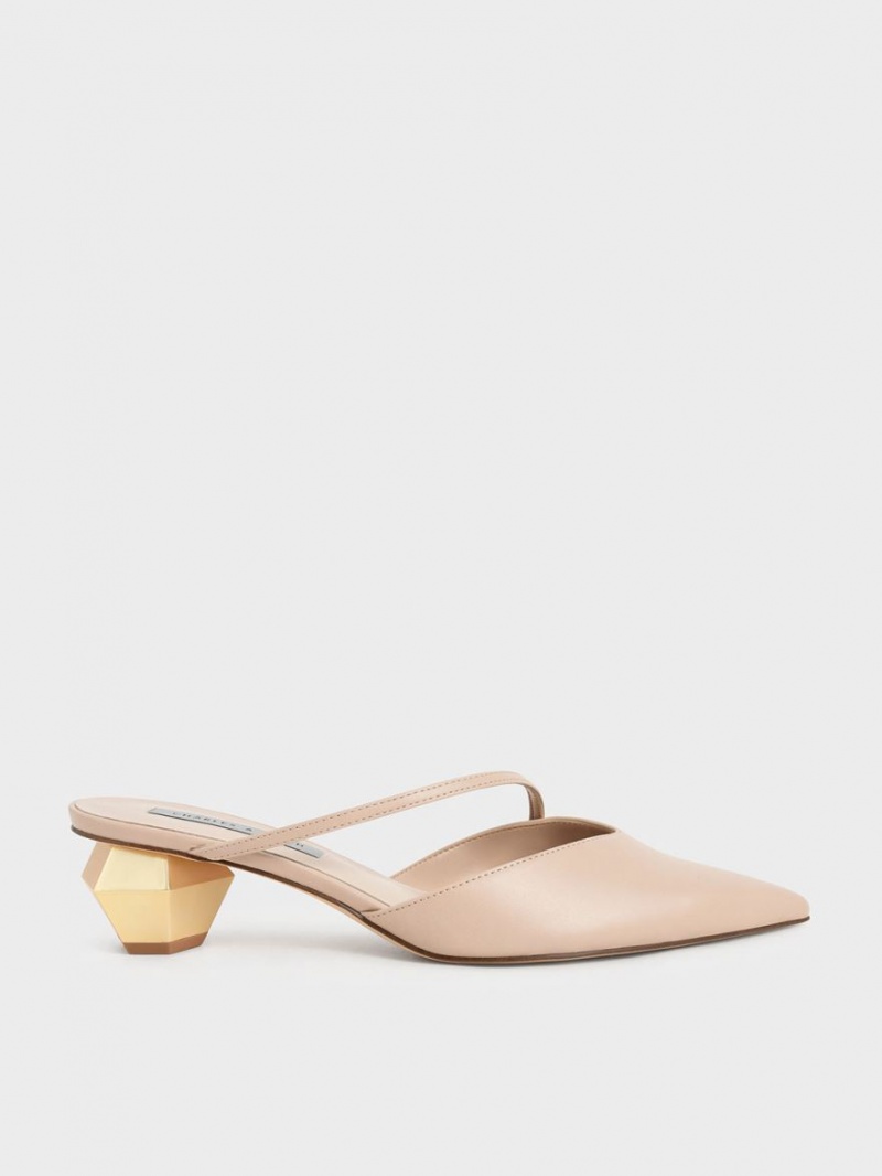 Charles And Keith Asymmetric Strap Chrome Heel Mules Light Pink | PHILIPPINES Z140