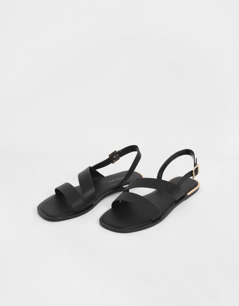 Charles And Keith Asymmetric Strap Slingback Flat Sandals Black | PHILIPPINES D084