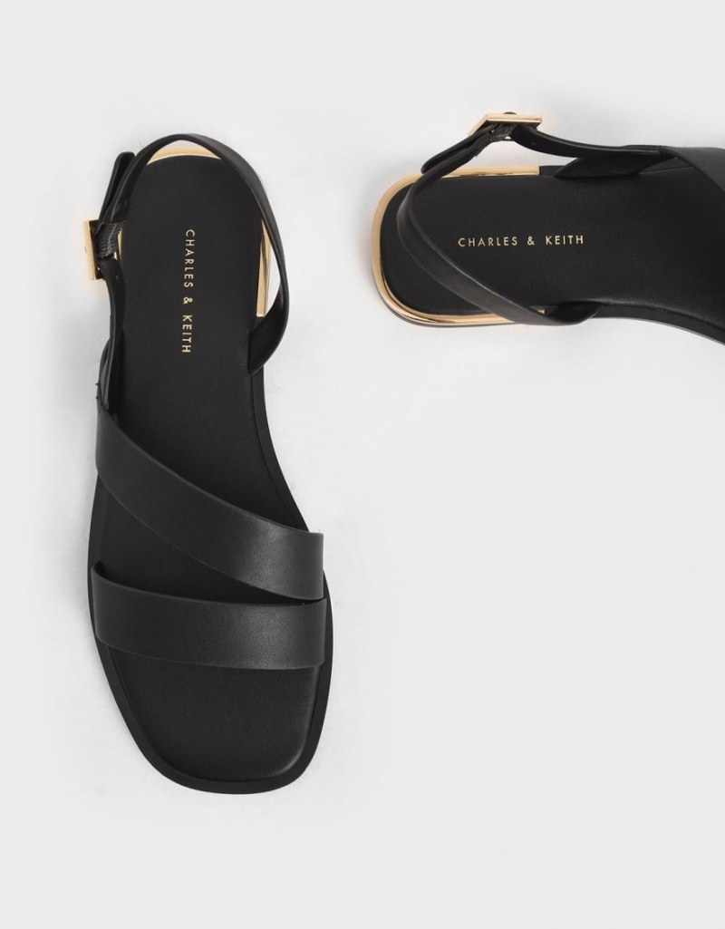 Charles And Keith Asymmetric Strap Slingback Flat Sandals Black | PHILIPPINES D084