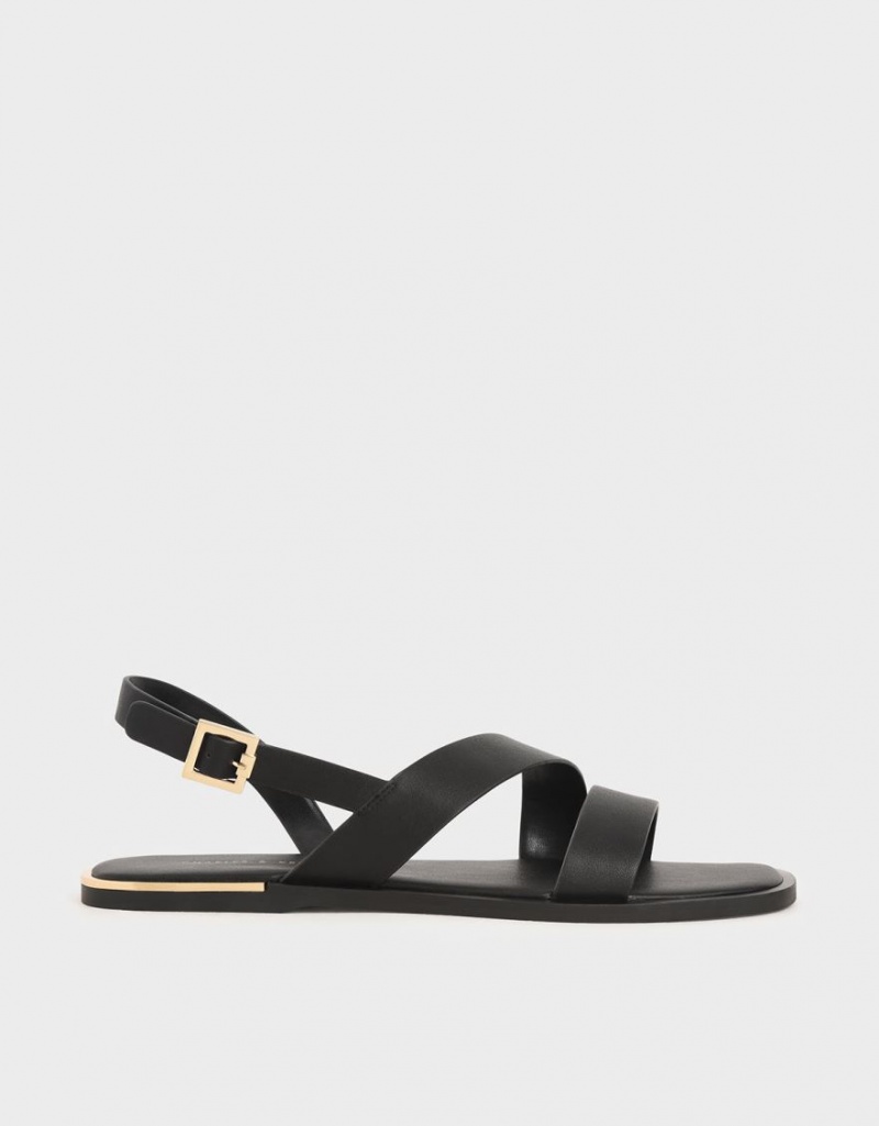 Charles And Keith Asymmetric Strap Slingback Flat Sandals Black | PHILIPPINES D084