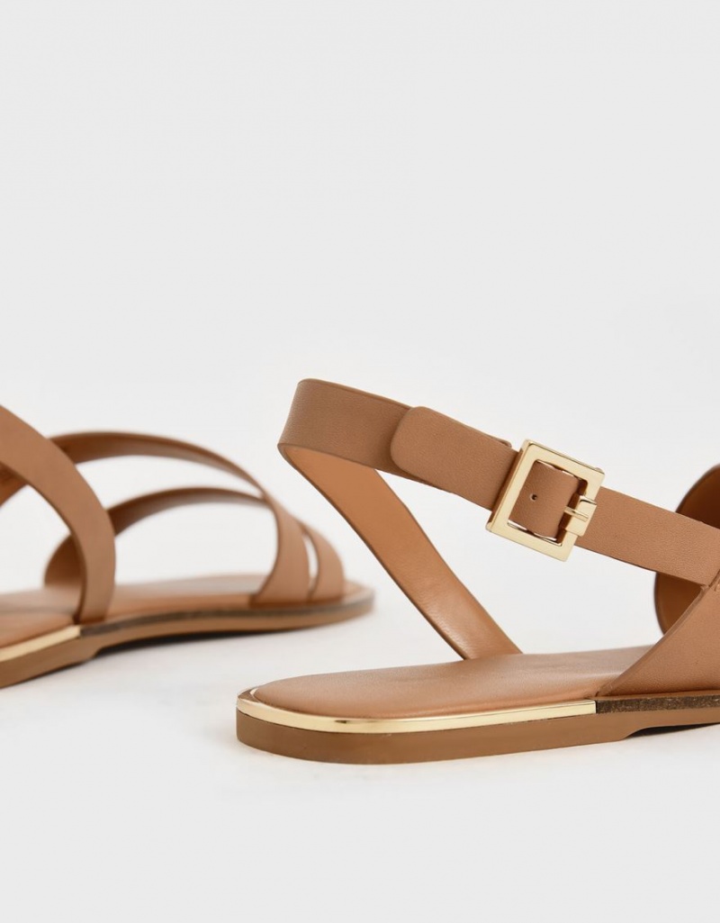 Charles And Keith Asymmetric Strap Slingback Flat Sandals Brown | PHILIPPINES N450