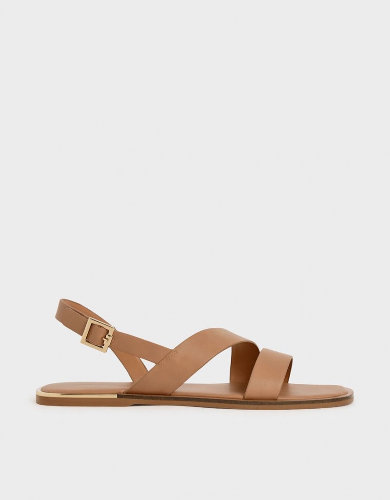 Charles And Keith Asymmetric Strap Slingback Flat Sandals Brown | PHILIPPINES N450