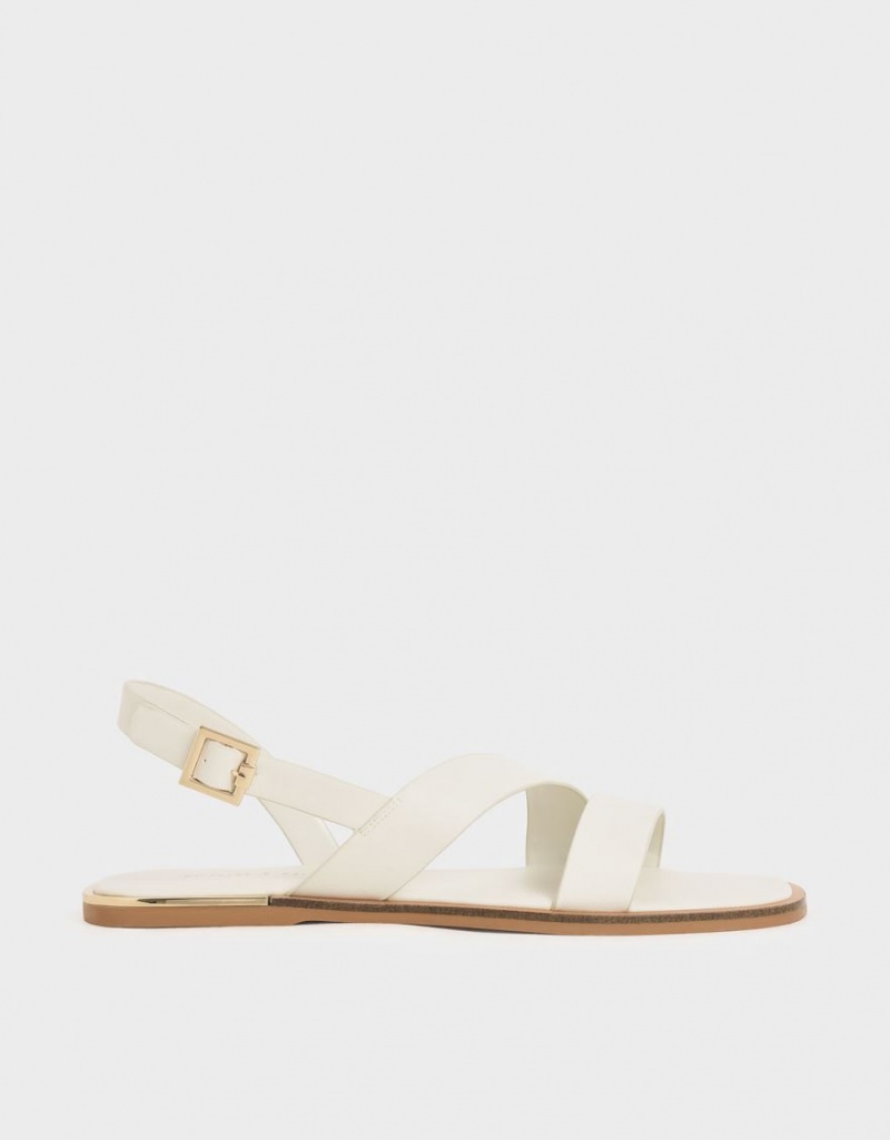 Charles And Keith Asymmetric Strap Slingback Flat Sandals White | PHILIPPINES P794