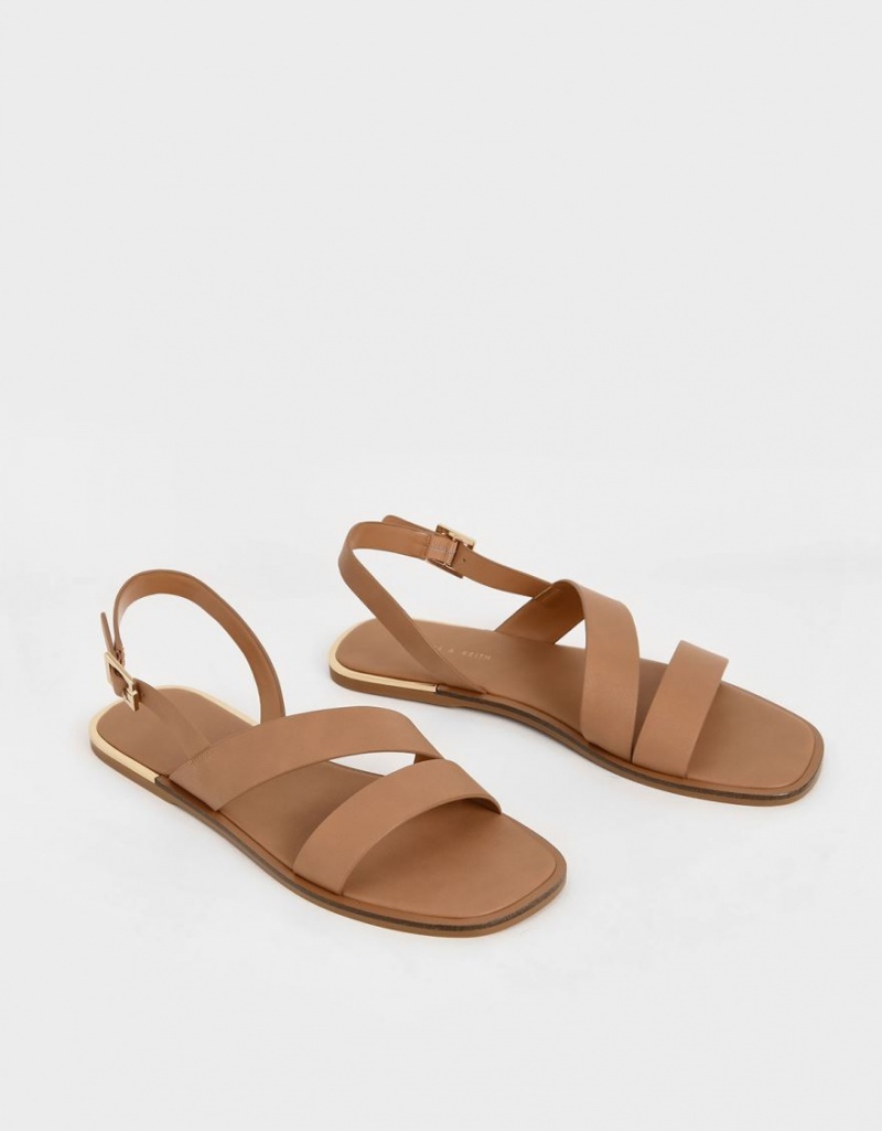 Charles And Keith Asymmetric Strap Slingback Flat Sandals Brown | PHILIPPINES S492