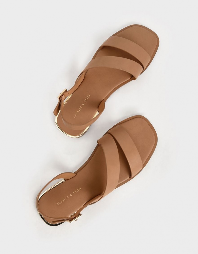 Charles And Keith Asymmetric Strap Slingback Flat Sandals Brown | PHILIPPINES S492