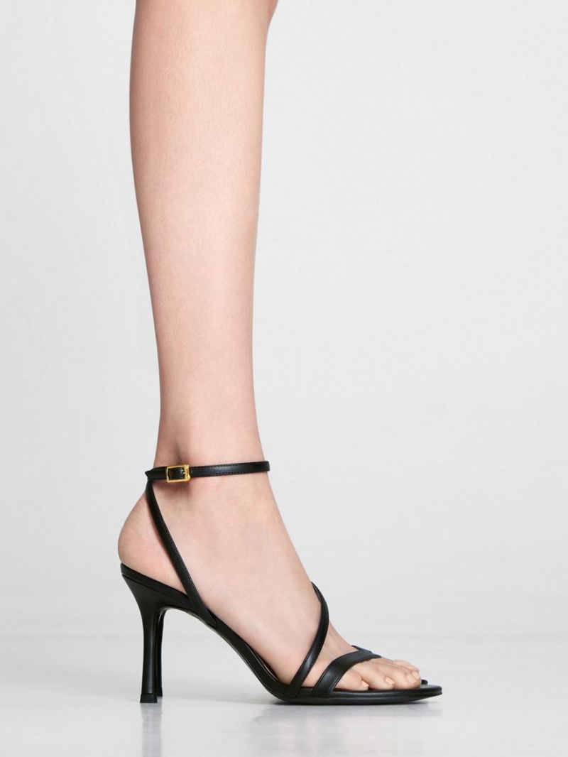 Charles And Keith Asymmetric Strappy Heels Sandals Black | PHILIPPINES N784