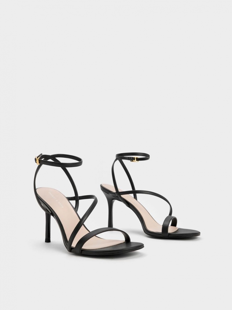 Charles And Keith Asymmetric Strappy Heels Sandals Black | PHILIPPINES N784