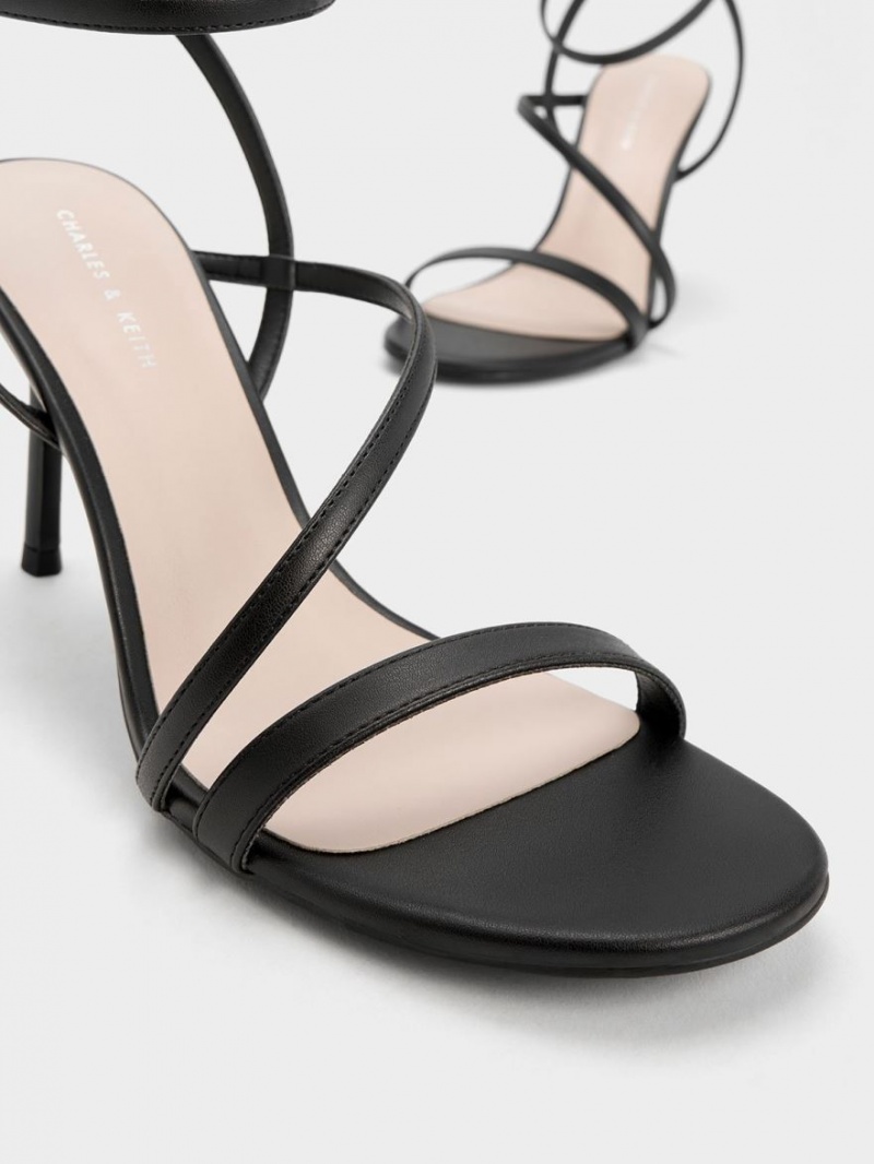 Charles And Keith Asymmetric Strappy Heels Sandals Black | PHILIPPINES N784