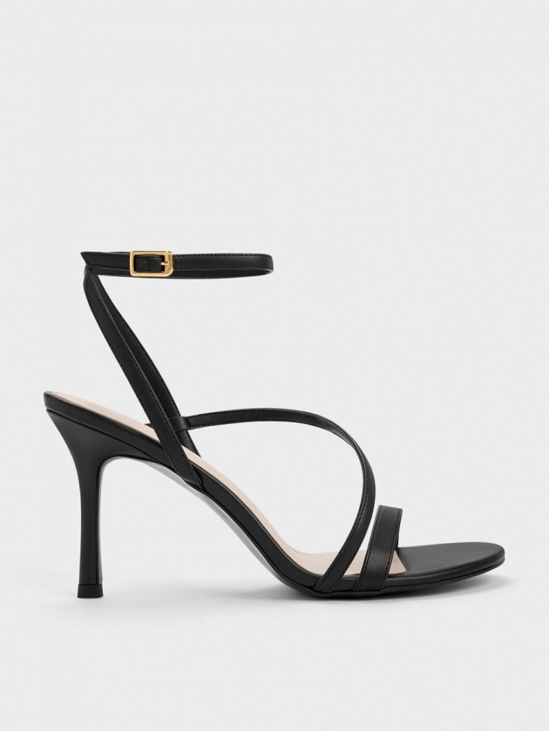 Charles And Keith Asymmetric Strappy Heels Sandals Black | PHILIPPINES N784