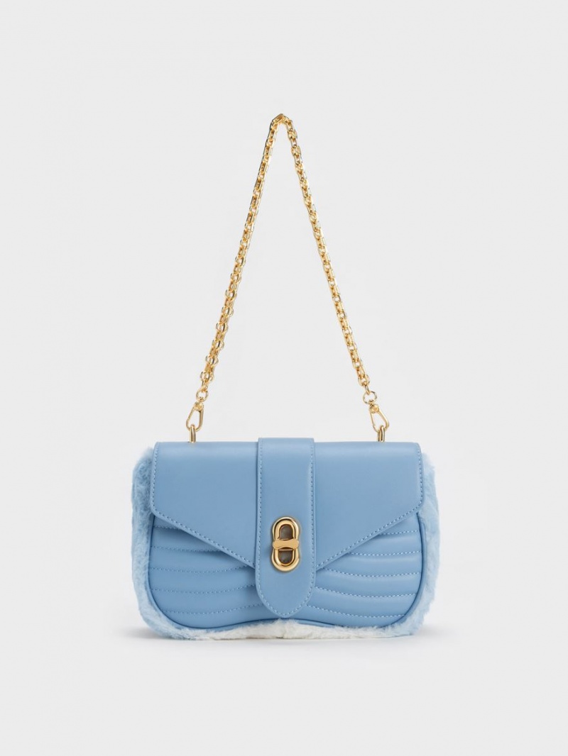 Charles And Keith Aubrielle Fur-Trim Panelled Crossbody Bags Light Blue | PHILIPPINES U714