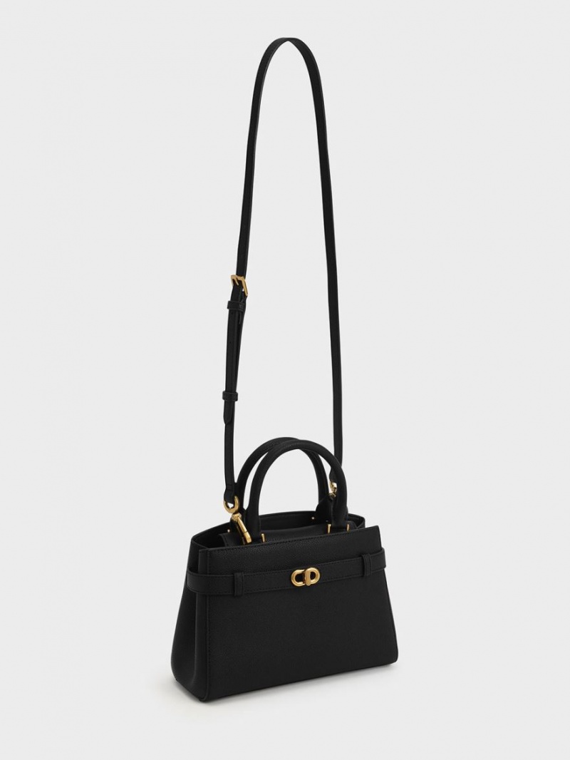 Charles And Keith Aubrielle Metallic Accent Belted Tote Bags Black | PHILIPPINES V678