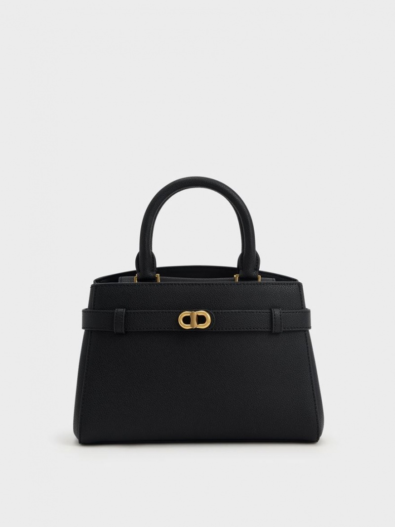 Charles And Keith Aubrielle Metallic Accent Belted Tote Bags Black | PHILIPPINES V678