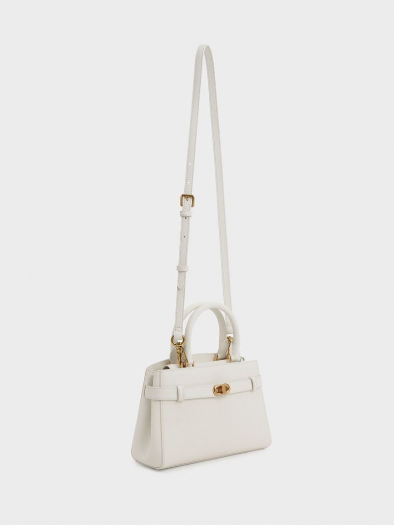 Charles And Keith Aubrielle Metallic Accent Belted Tote Bags Cream | PHILIPPINES G703