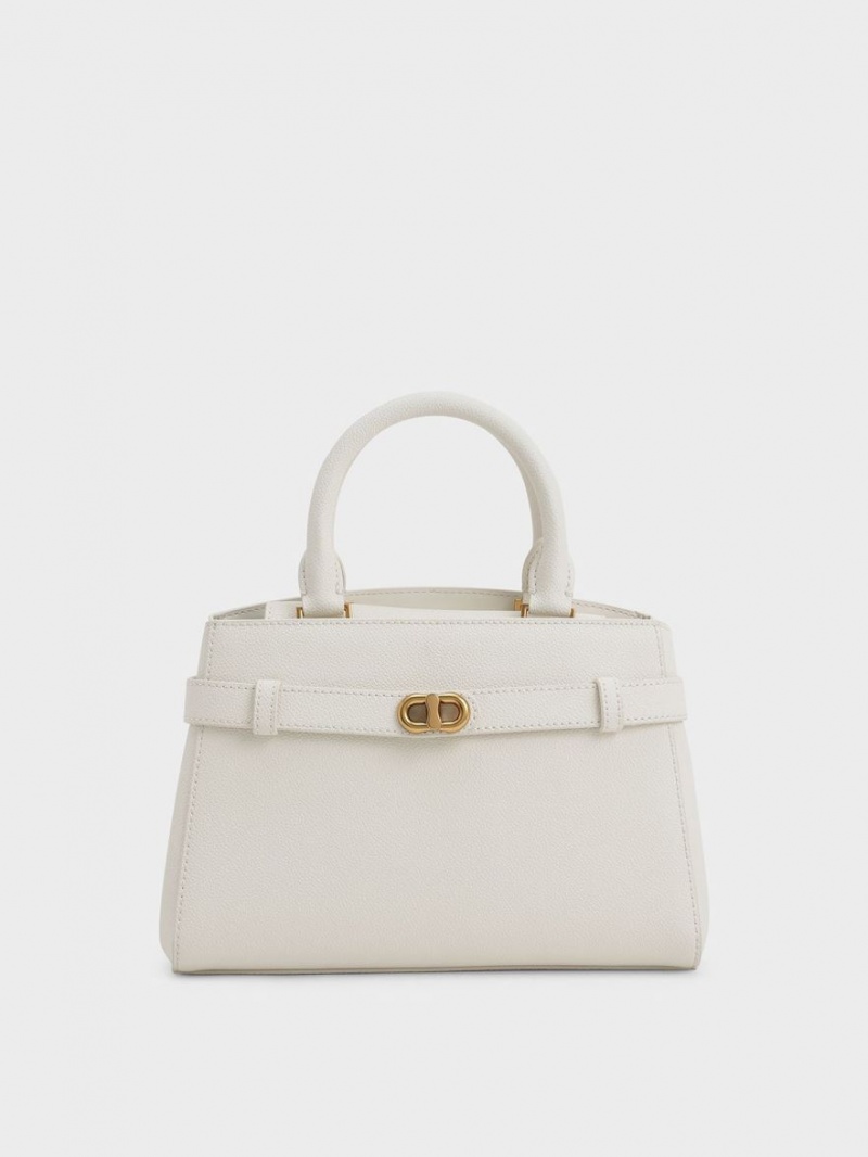 Charles And Keith Aubrielle Metallic Accent Belted Tote Bags Cream | PHILIPPINES G703