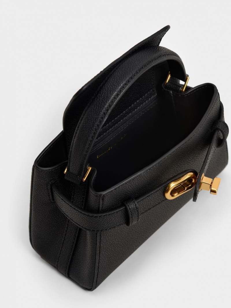 Charles And Keith Aubrielle Metallic Buckle Top Handbag Black | PHILIPPINES E987