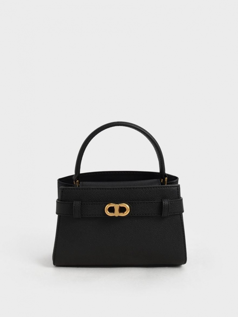 Charles And Keith Aubrielle Metallic Buckle Top Handbag Black | PHILIPPINES E987