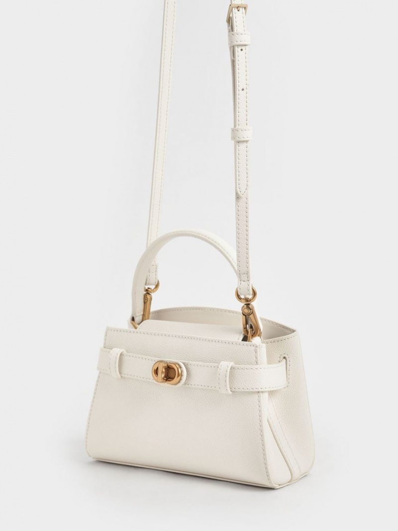 Charles And Keith Aubrielle Metallic Buckle Top Handbag Cream | PHILIPPINES C615