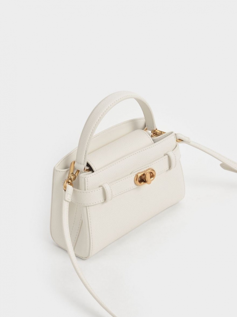 Charles And Keith Aubrielle Metallic Buckle Top Handbag Cream | PHILIPPINES C615