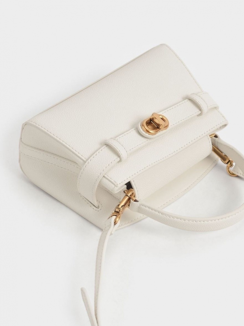 Charles And Keith Aubrielle Metallic Buckle Top Handbag Cream | PHILIPPINES C615