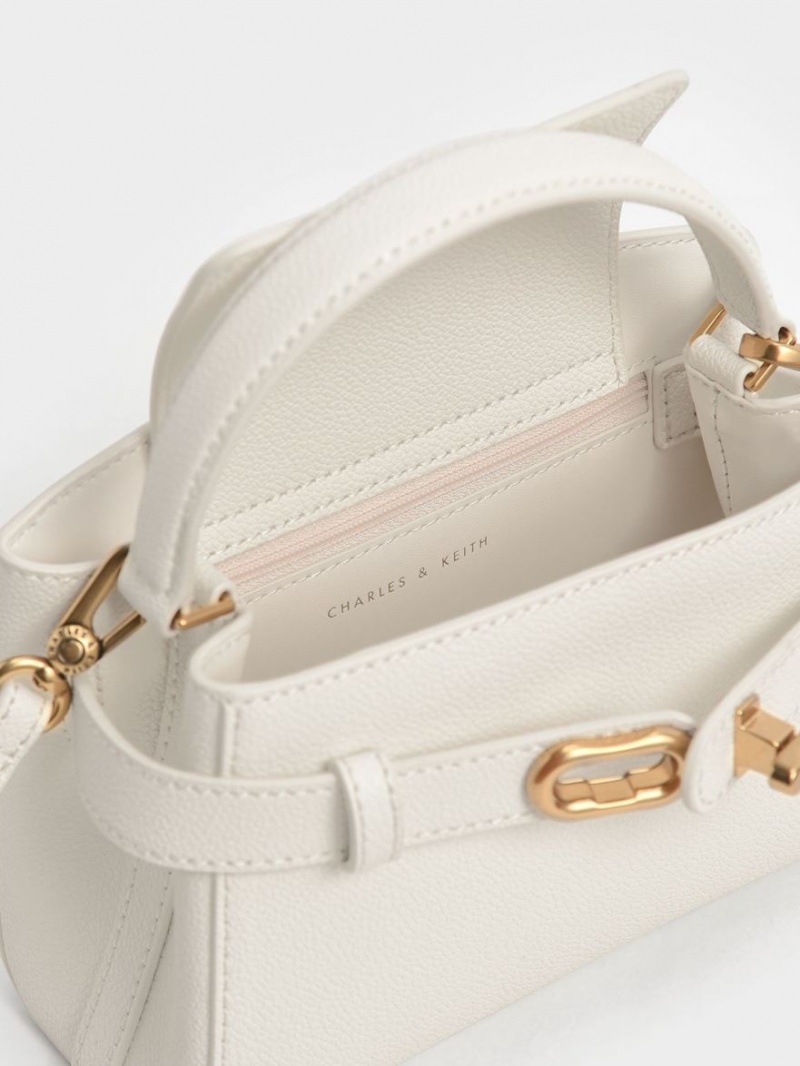 Charles And Keith Aubrielle Metallic Buckle Top Handbag Cream | PHILIPPINES C615