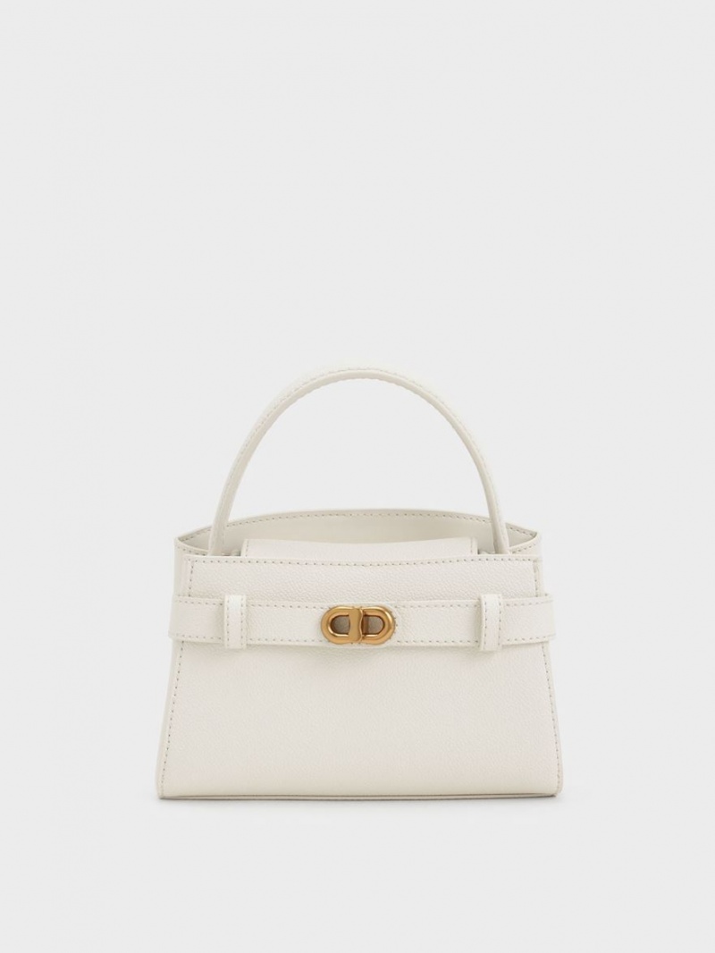 Charles And Keith Aubrielle Metallic Buckle Top Handbag Cream | PHILIPPINES C615