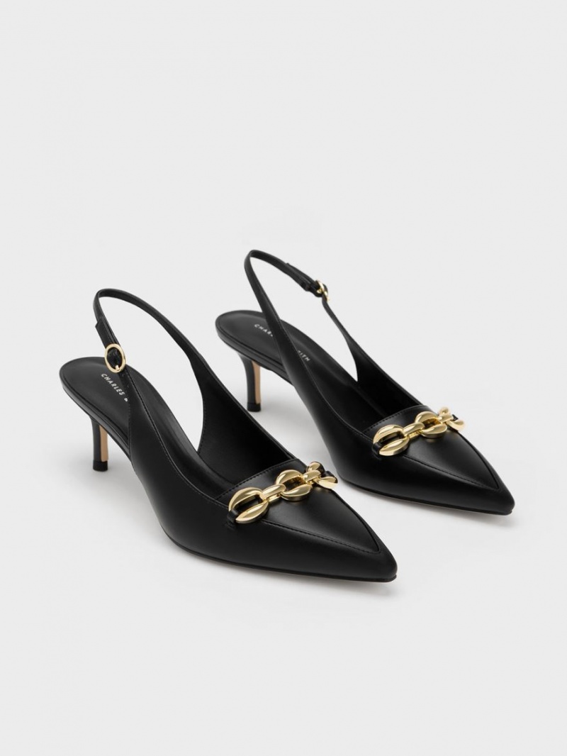 Charles And Keith Avani Chunky Chain-Embellished Slingback Pumps Black | PHILIPPINES R980