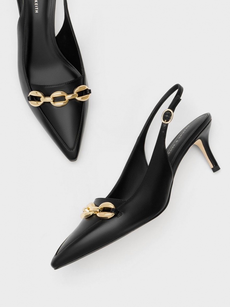 Charles And Keith Avani Chunky Chain-Embellished Slingback Pumps Black | PHILIPPINES R980