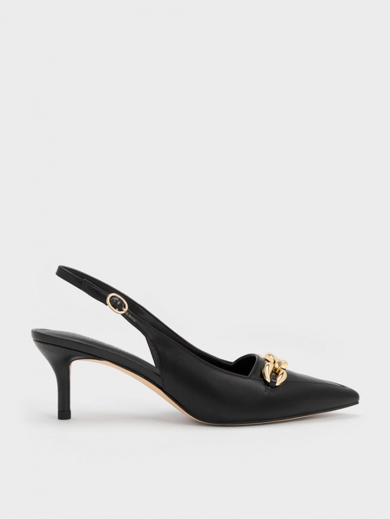 Charles And Keith Avani Chunky Chain-Embellished Slingback Pumps Black | PHILIPPINES R980