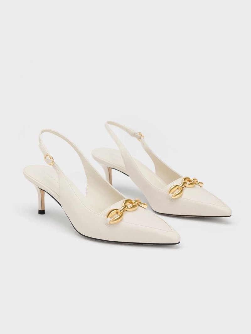 Charles And Keith Avani Chunky Chain-Embellished Slingback Pumps White | PHILIPPINES A709