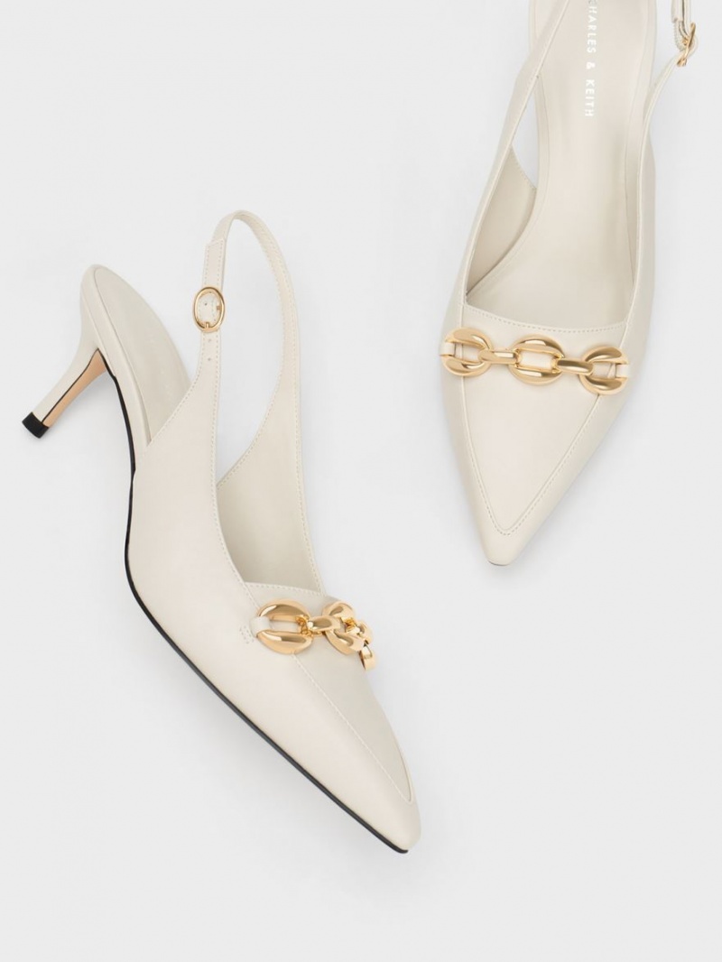 Charles And Keith Avani Chunky Chain-Embellished Slingback Pumps White | PHILIPPINES A709