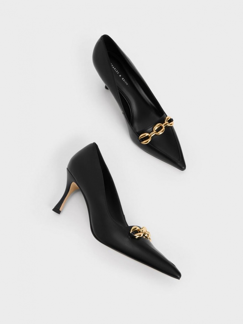 Charles And Keith Avani Chunky Chain Stilleto Heel Pumps Black | PHILIPPINES Y091