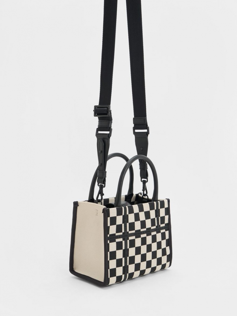 Charles And Keith Avenue Checkered Tote Bags Black | PHILIPPINES J135